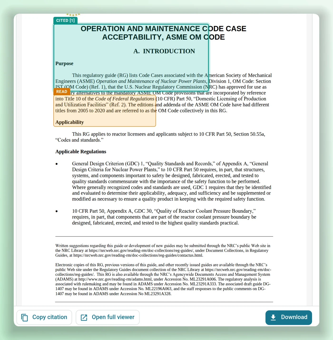 Regulatory Guide 1.192 Revision 5 opened beside the chat at page 1, with the cited passage outlined in green and labelled Cited 1, a passage the agent read outlined in orange and labelled Read, and buttons to copy the citation, open the full viewer or download.